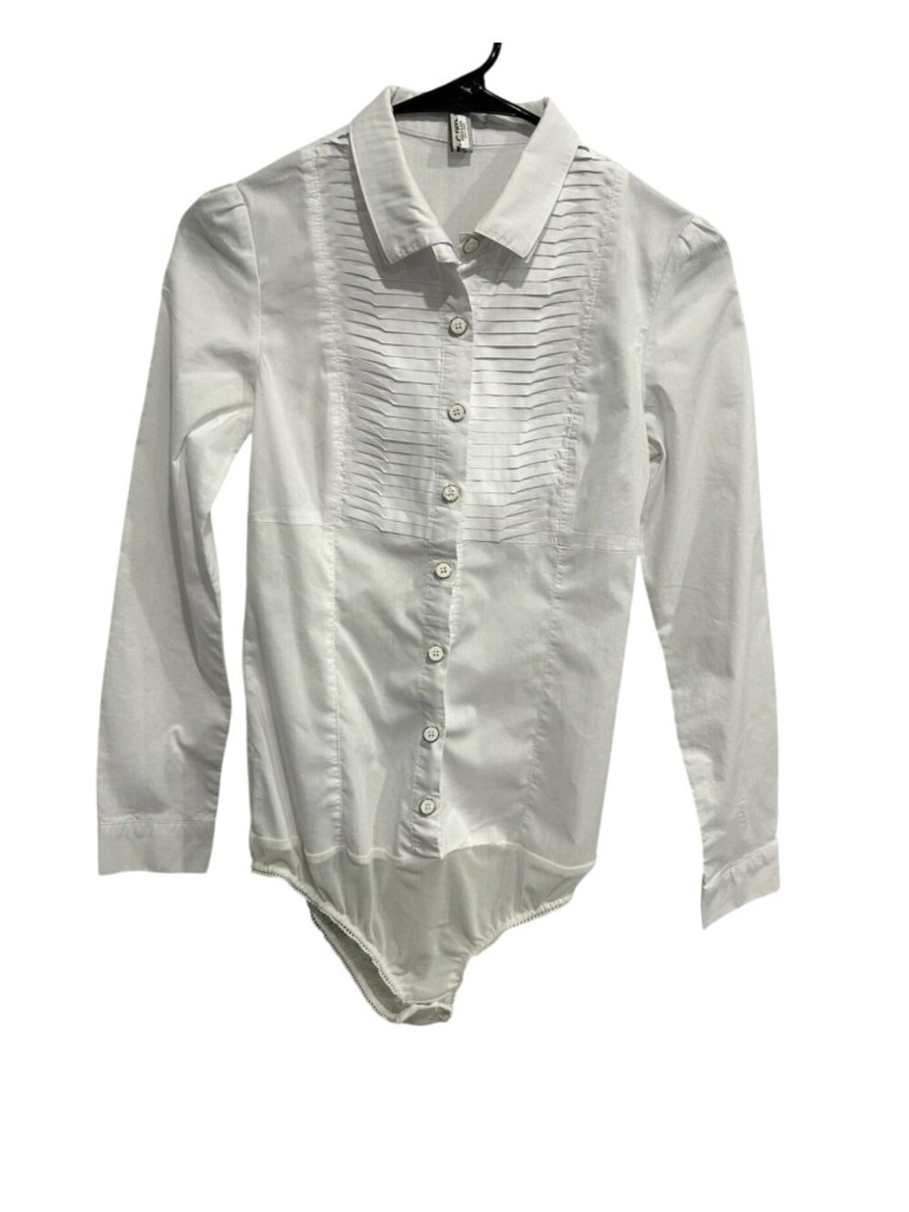 Koja Medium White Long Sleeve Tuxedo Button Down Bodysuit Pintuck Retro